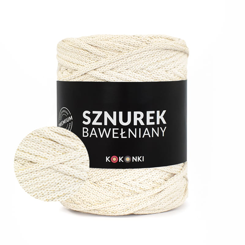 PREMIUM Sznurek bawełniany by KOKONKI 5mm / rolka 100m / 593 krem + złoty LUREX