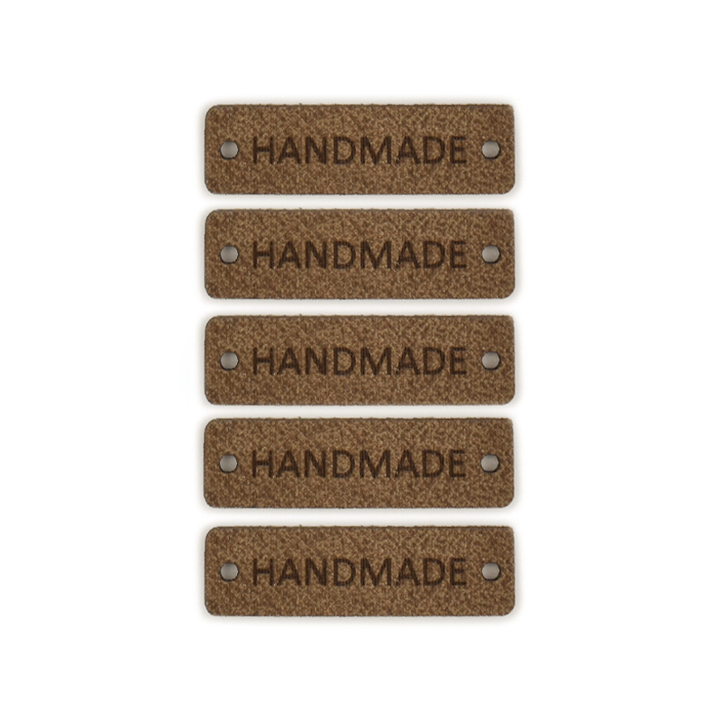 Zestaw metek skóra naturalna premium "Handmade" / brąz / 40 x 12 mm / 5 szt.